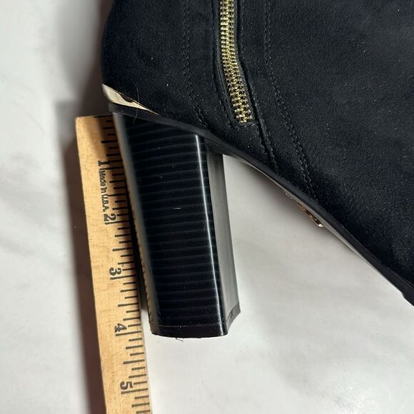 Juicy Couture Black High Heeled Side Zip Booties, Gold Accents Lug Sole, Size 9 - Picture 14 of 15